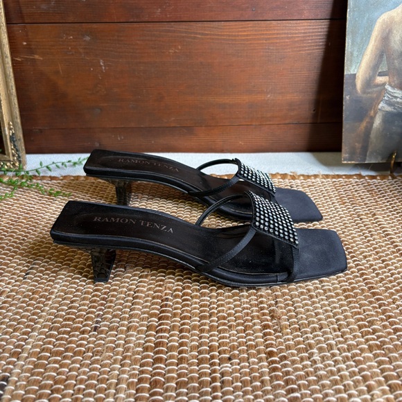Vintage Ramon Tenza Black Square Toe Satin & Leather Rhinestone Slides Size 7.5B